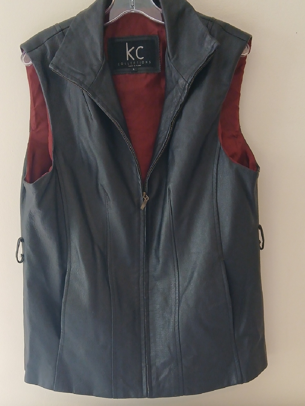 KC Collections Black Leather Sleeveless Vest with Red Lining